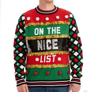 NAUGHTY OR NICE REVERSIBLE SEQUIN UGLY CHRISTMAS SWEATER holiday party